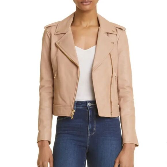 L’agence Lambskin Leather Biker Jacket in Cappuccino Small NEW MSRP $1350 - Picture 1 of 10